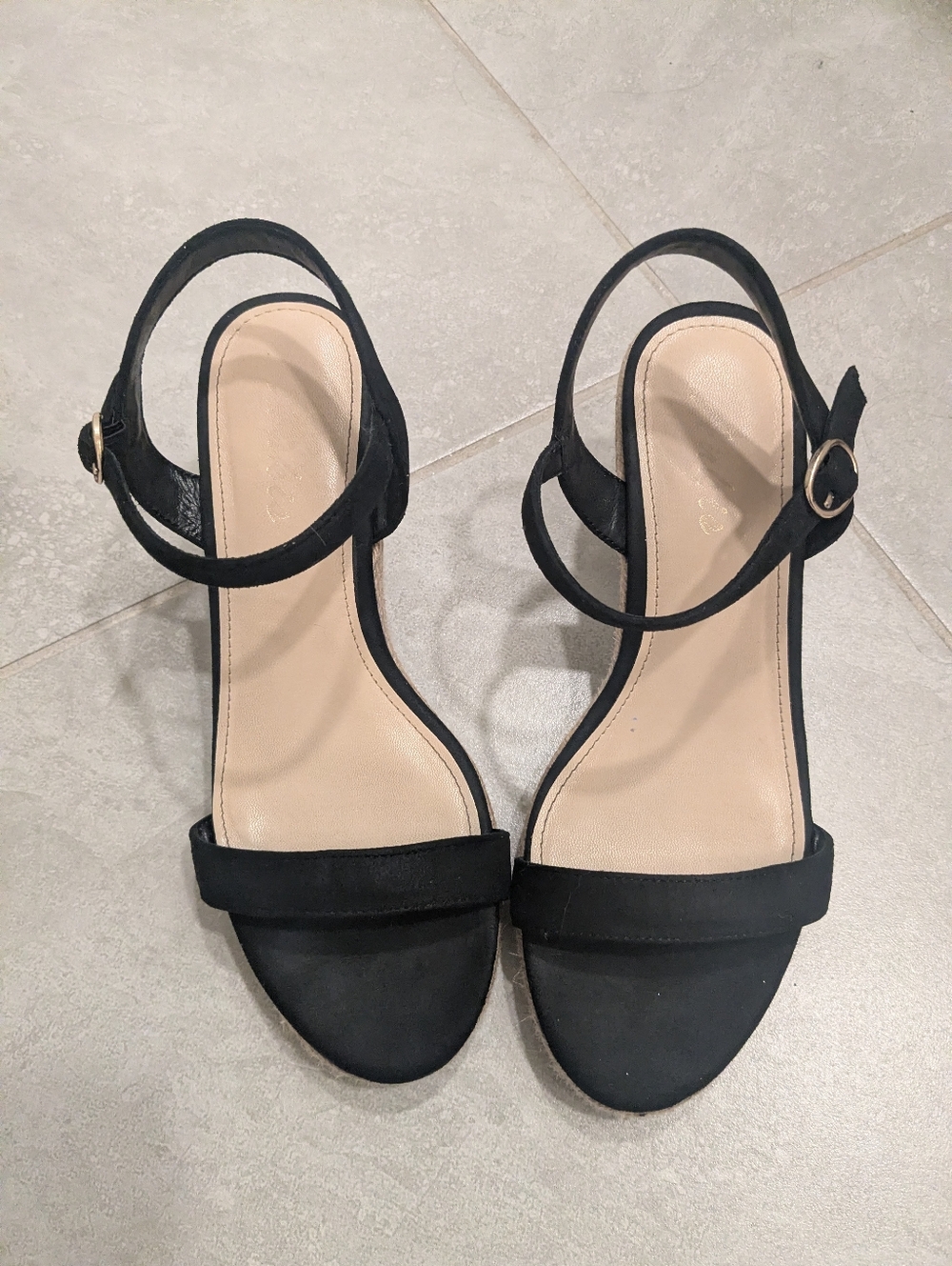 Wedges Black Ankle-Strap Sandals with Gold Buckle, Super Comfy Cute